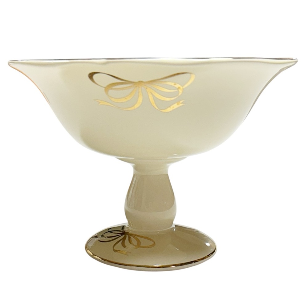 Vintage Teleflora Pedestal Holiday Candy Dish Ivory Cream with Gold Toned Bows